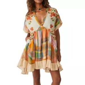 Free People Agnes Printed Dress Cottagecore Tunic Ruffle Hem Medium Festival